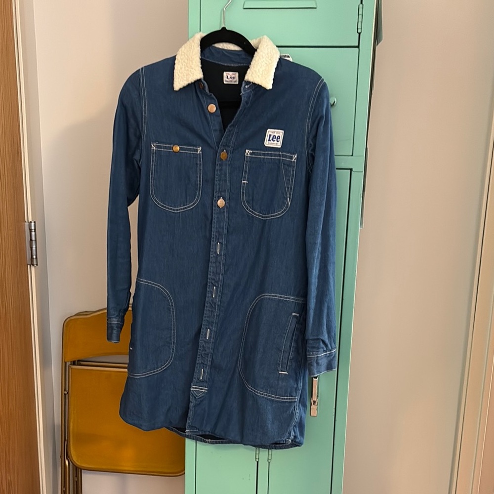 Vintage Lee Sanforized Blue Denim Jacket Coat with Sherpa Collar